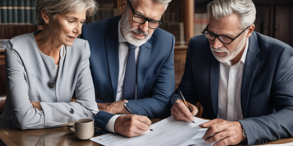 download smart middle aged man and woman sat at a table with a smart looking lawyer all looking at documents