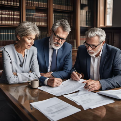 download smart middle aged man and woman sat at a table with a smart looking lawyer all looking at documents
