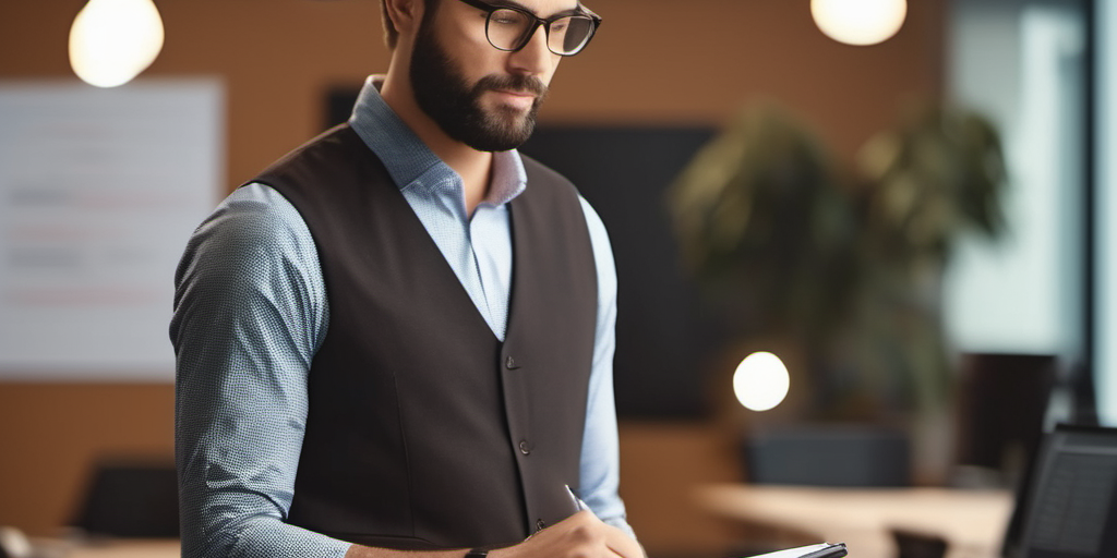 Legal Requirements for New Businesses AI image Smartly dressed man holding a clipboard in an office