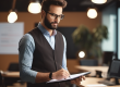 Smartly dressed man holding a clipboard in an office