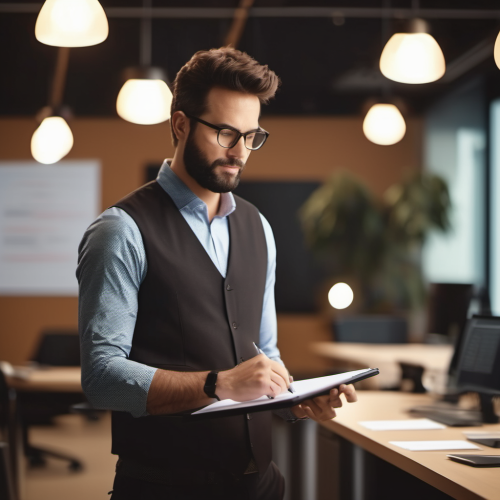Legal Requirements for New Businesses AI image Smartly dressed man holding a clipboard in an office